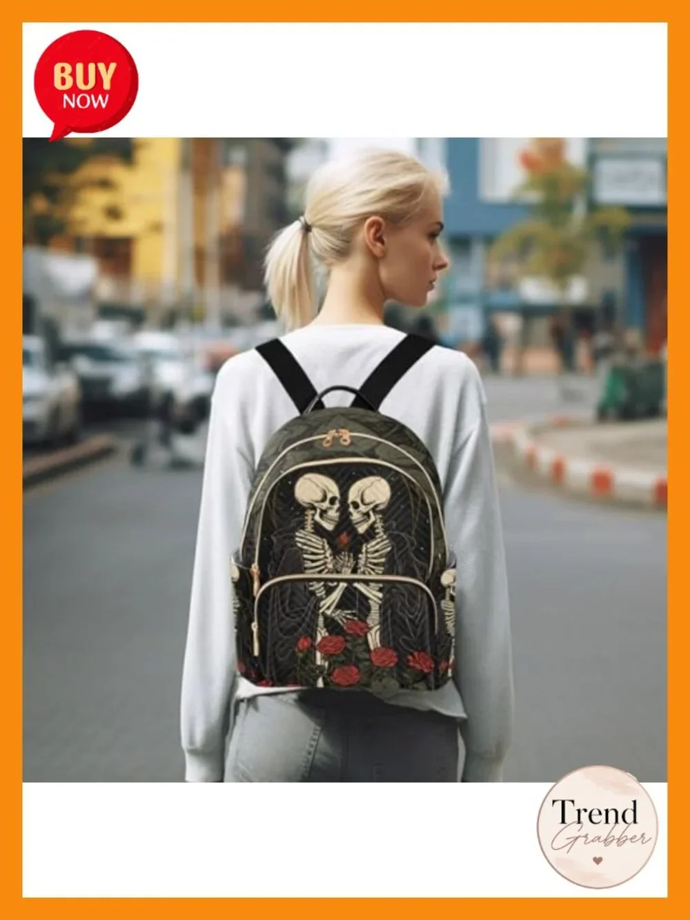 Skull in Love Women's Quilted Nylon Backpack Purse with Rose Print, Anti-Theft